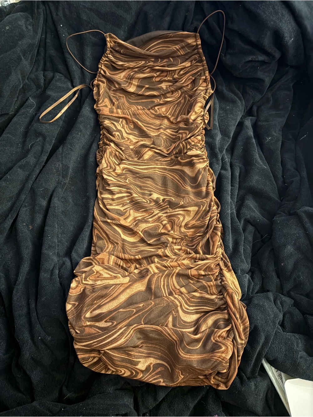 Ruched Brown Marble-Print Backless Dress